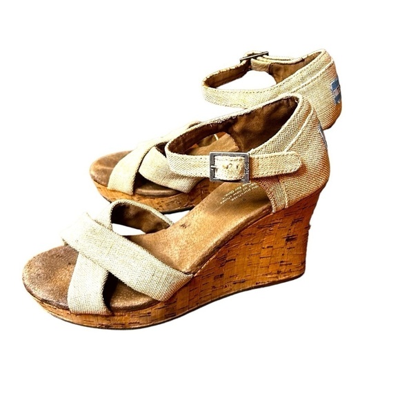 Toms Women's 8.5 Clarissa Wedge Heel Sandal Natural Linen & Cork Ankle Strap - Picture 5 of 9